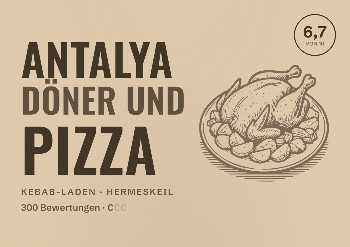 Illustriertes Poster von Antalya Döner Und Pizza, Kebab-Laden in Hermeskeil: Bewertung 6,7 von 10 aus 300 Bewertungen, Preisniveau €