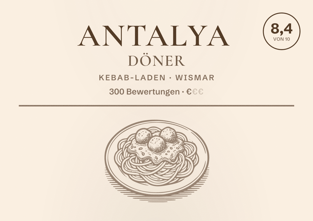 Illustriertes Poster von Antalya Döner, Kebab-Laden in Wismar: Bewertung 8,4 von 10 aus 300 Bewertungen, Preisniveau €