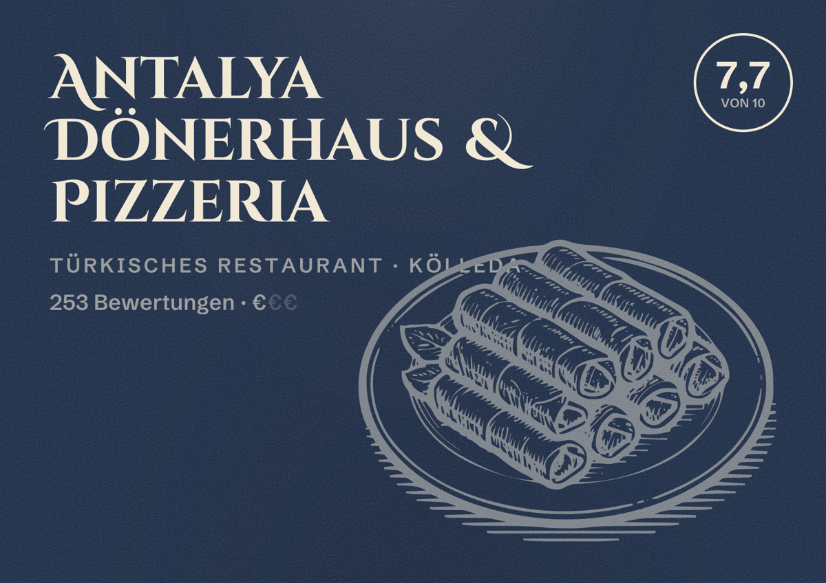 Illustriertes Poster von Antalya Dönerhaus & Pizzeria, Türkisches Restaurant in Kölleda: Bewertung 7,7 von 10 aus 253 Bewertungen, Preisniveau €