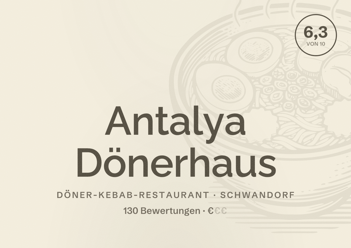 Illustriertes Poster von Antalya Dönerhaus, Döner-Kebab-Restaurant in Schwandorf: Bewertung 6,3 von 10 aus 130 Bewertungen, Preisniveau €