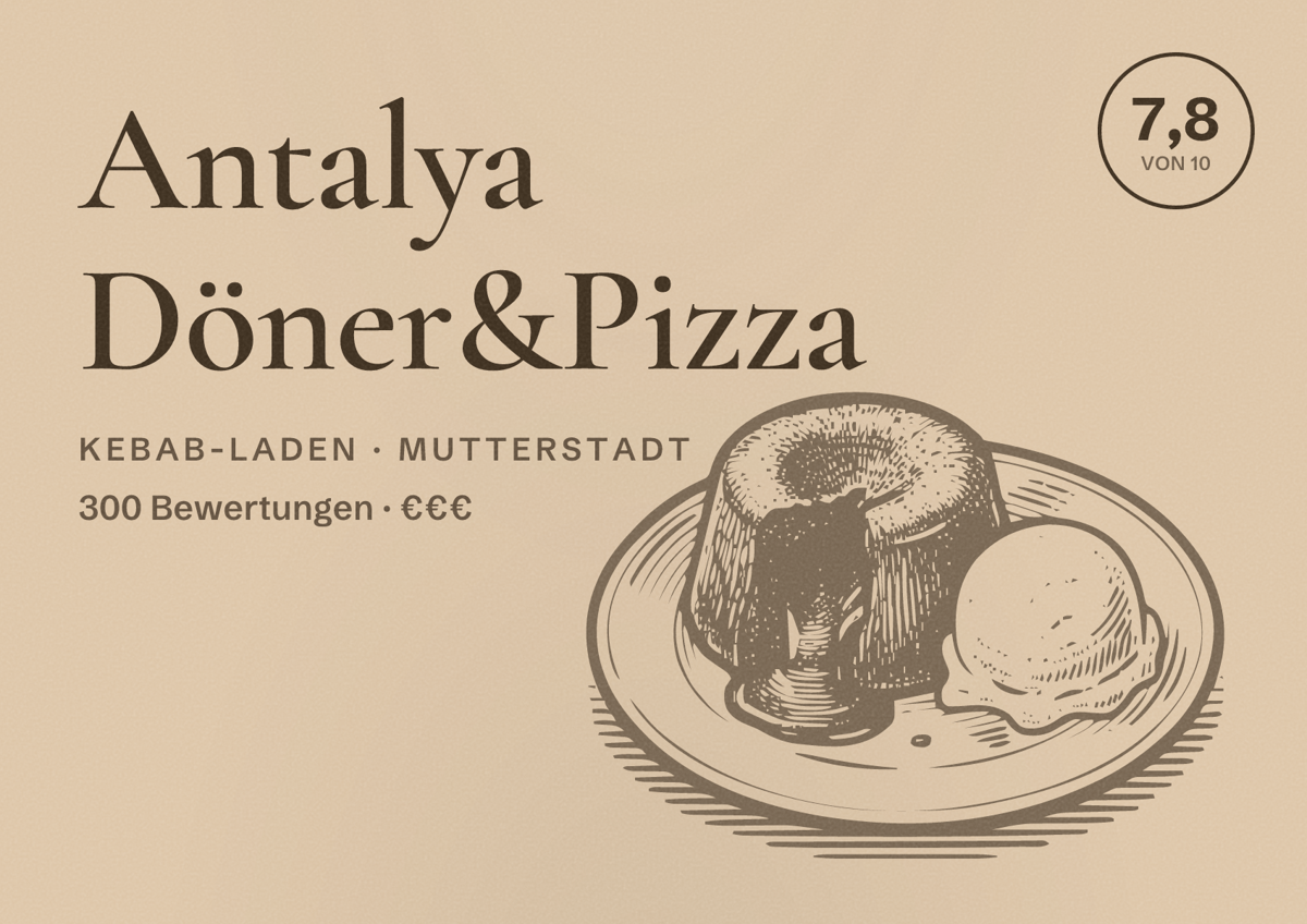 Illustriertes Poster von Antalya Döner&Pizza, Kebab-Laden in Mutterstadt: Bewertung 7,8 von 10 aus 300 Bewertungen, Preisniveau €€€