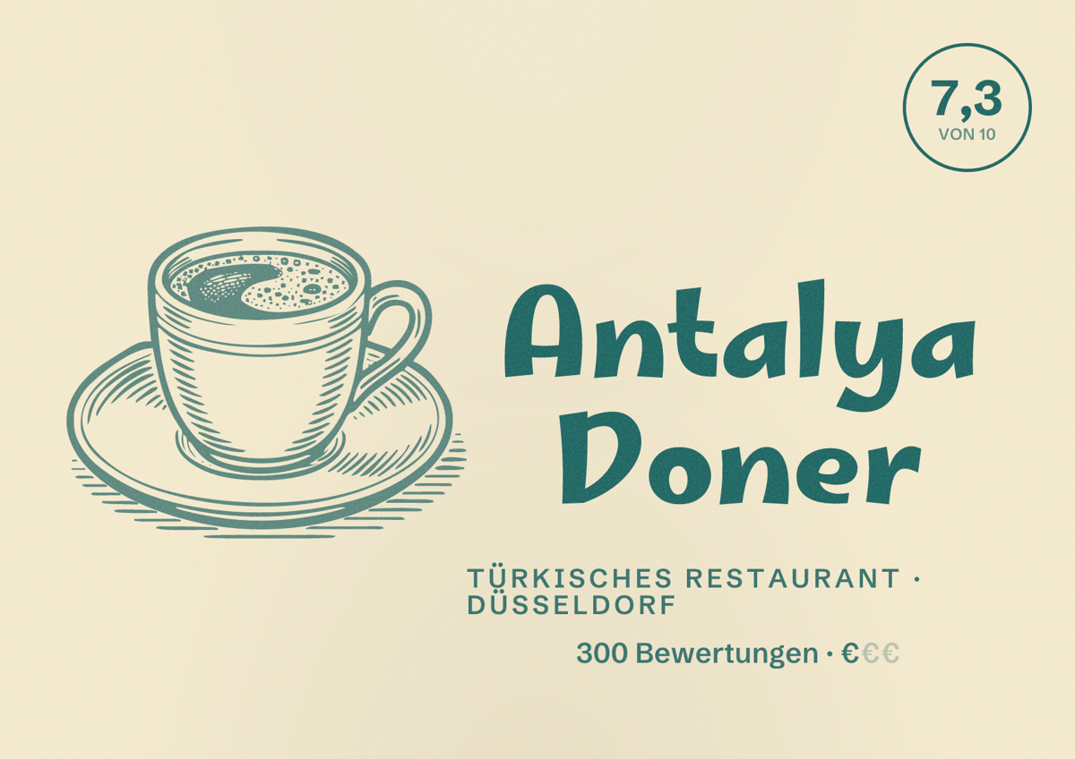 Illustriertes Poster von Antalya Doner, Türkisches Restaurant in Düsseldorf: Bewertung 7,3 von 10 aus 300 Bewertungen, Preisniveau €