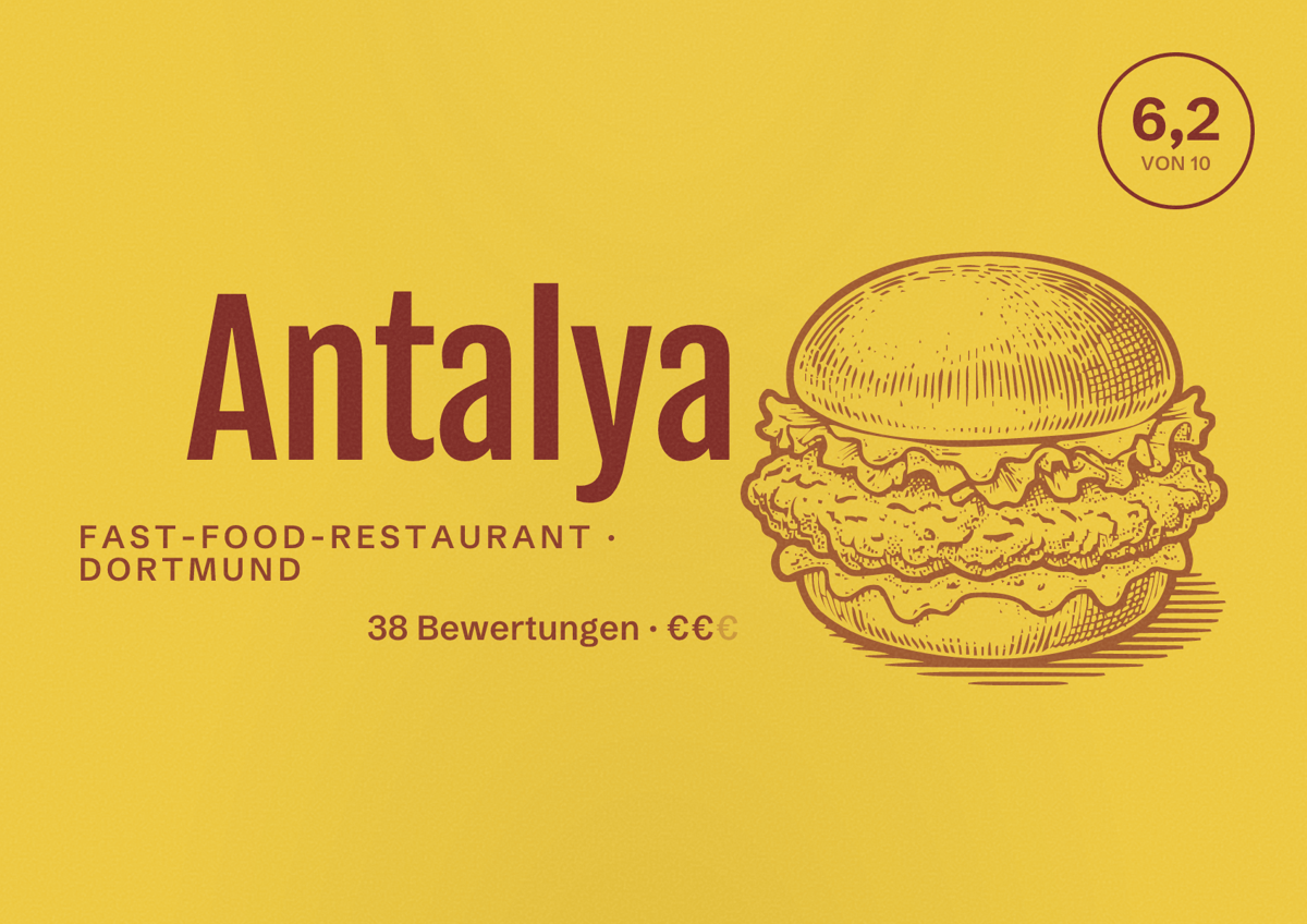 Illustriertes Poster von Antalya, Fast-Food-Restaurant in Dortmund: Bewertung 6,2 von 10 aus 38 Bewertungen, Preisniveau €€