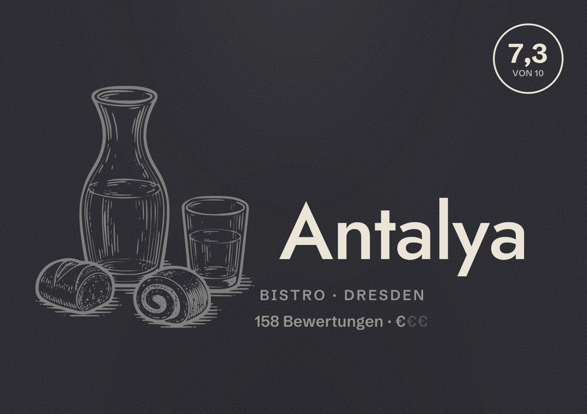 Illustriertes Poster von Antalya, Bistro in Dresden: Bewertung 7,3 von 10 aus 158 Bewertungen, Preisniveau €