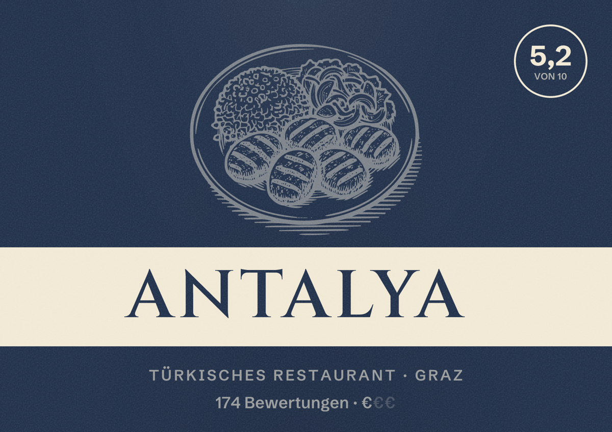 Illustriertes Poster von Antalya, Türkisches Restaurant in Graz: Bewertung 5,2 von 10 aus 174 Bewertungen, Preisniveau €