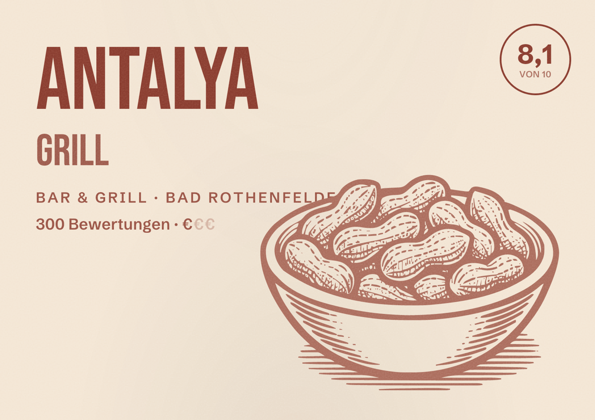 Illustriertes Poster von Antalya Grill, Bar & Grill in Bad Rothenfelde: Bewertung 8,1 von 10 aus 300 Bewertungen, Preisniveau €