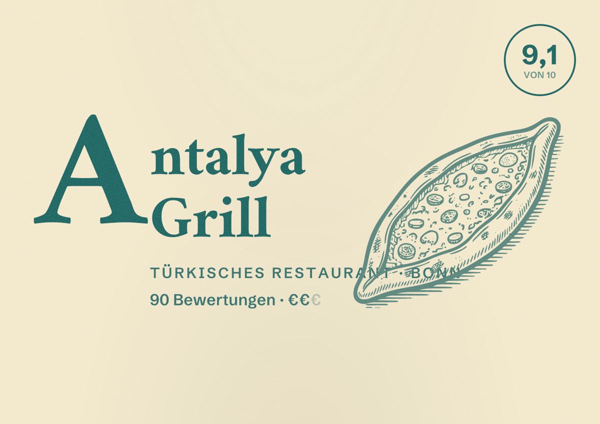 Illustriertes Poster von Antalya Grill, Türkisches Restaurant in Bonn: Bewertung 9,1 von 10 aus 90 Bewertungen, Preisniveau €€