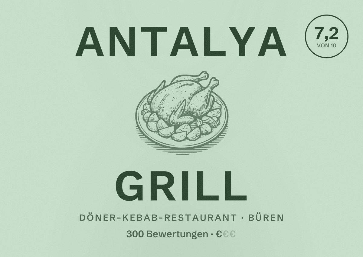Illustriertes Poster von Antalya Grill, Döner-Kebab-Restaurant in Büren: Bewertung 7,2 von 10 aus 300 Bewertungen, Preisniveau €