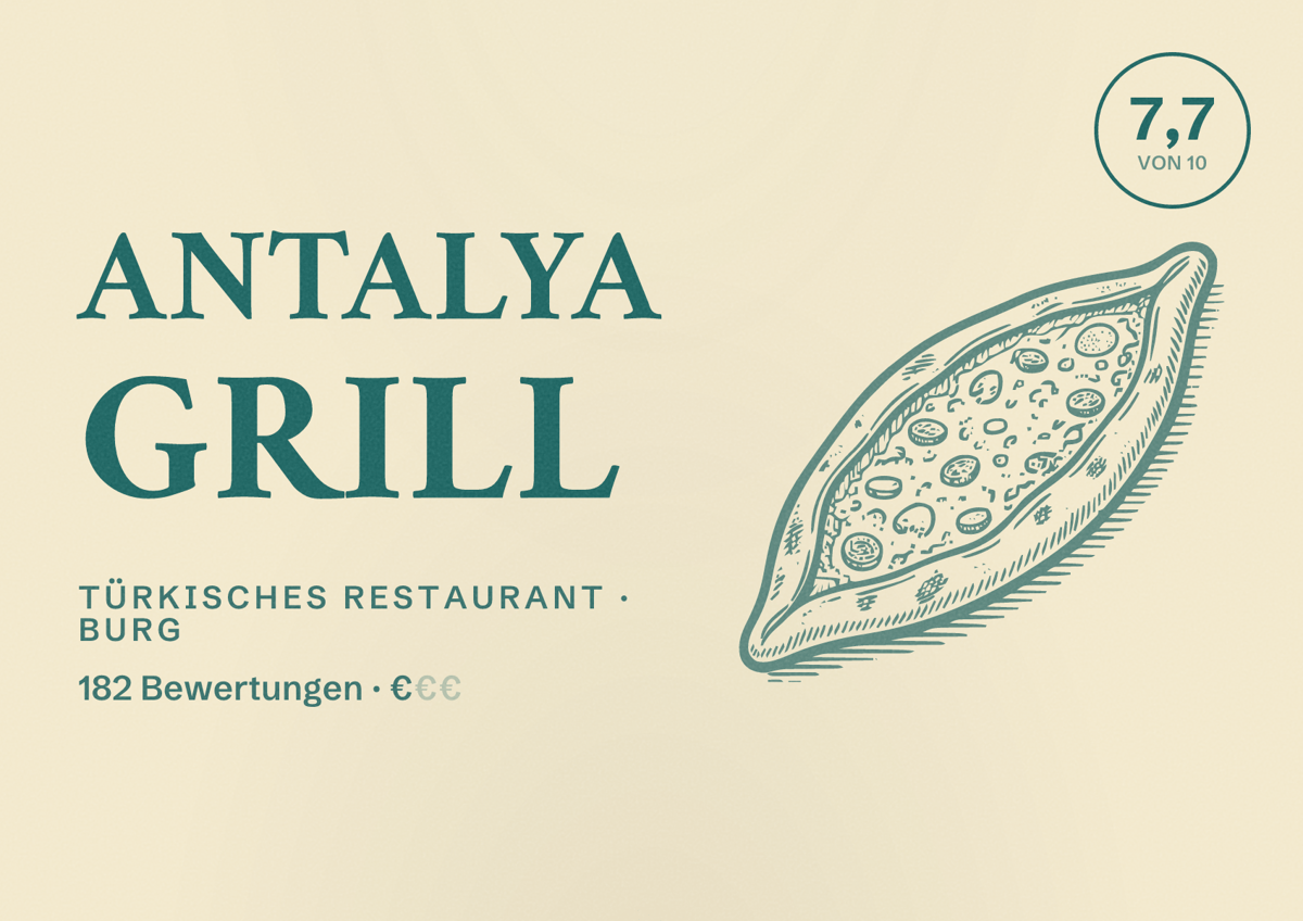 Illustriertes Poster von Antalya Grill, Türkisches Restaurant in Burg: Bewertung 7,7 von 10 aus 182 Bewertungen, Preisniveau €