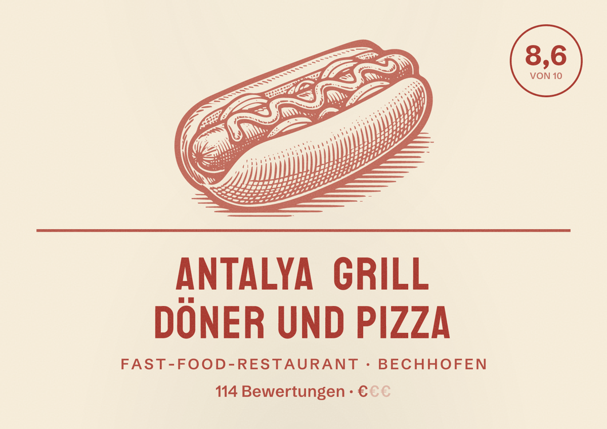 Illustriertes Poster von Antalya Grill Döner und Pizza, Fast-Food-Restaurant in Bechhofen: Bewertung 8,6 von 10 aus 114 Bewertungen, Preisniveau €