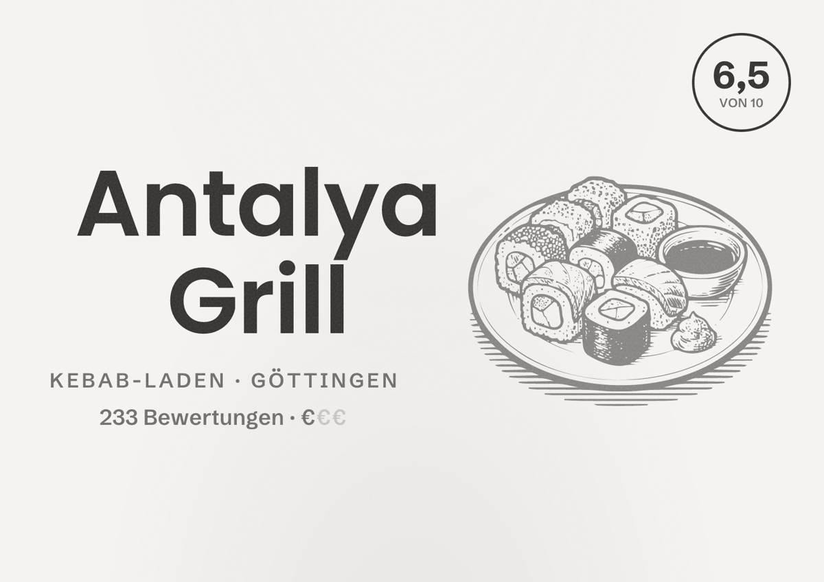 Illustriertes Poster von Antalya Grill, Kebab-Laden in Göttingen: Bewertung 6,5 von 10 aus 233 Bewertungen, Preisniveau €
