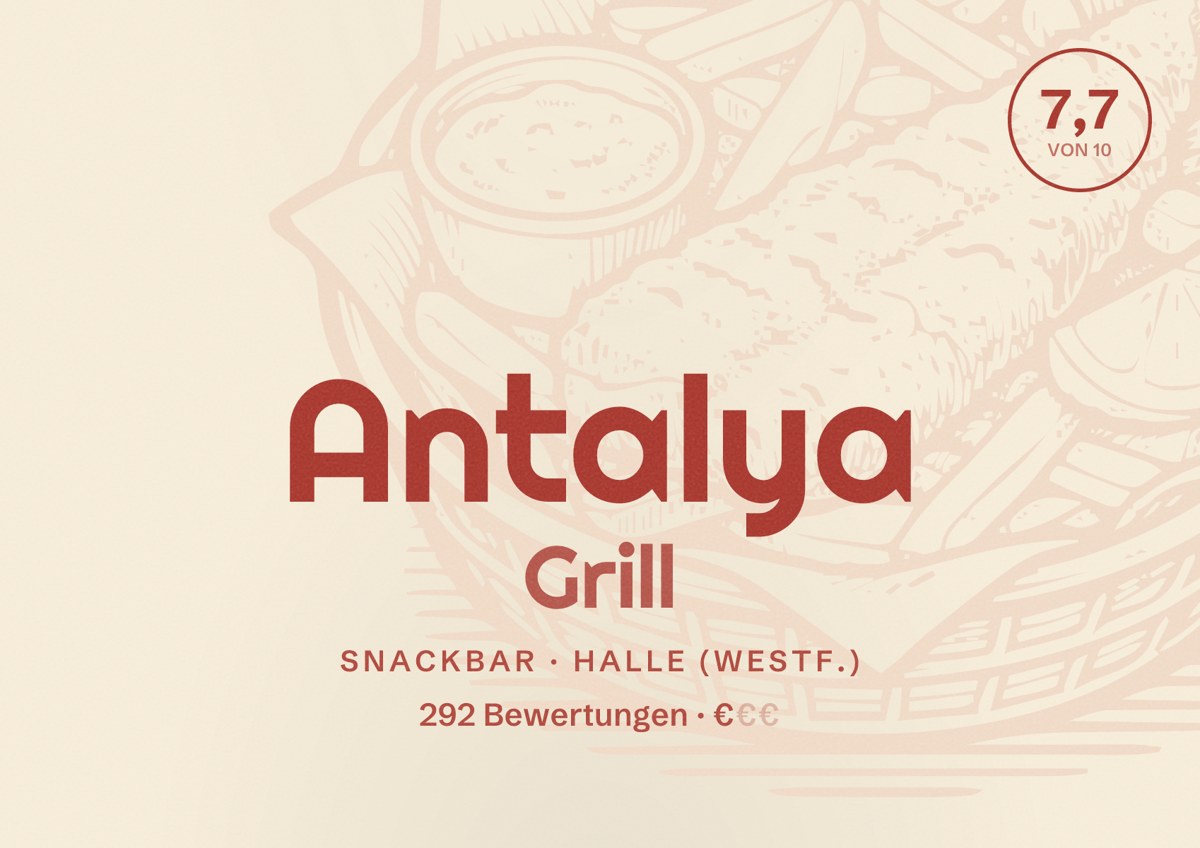 Illustriertes Poster von Antalya Grill, Snackbar in Halle (Westf.): Bewertung 7,7 von 10 aus 292 Bewertungen, Preisniveau €