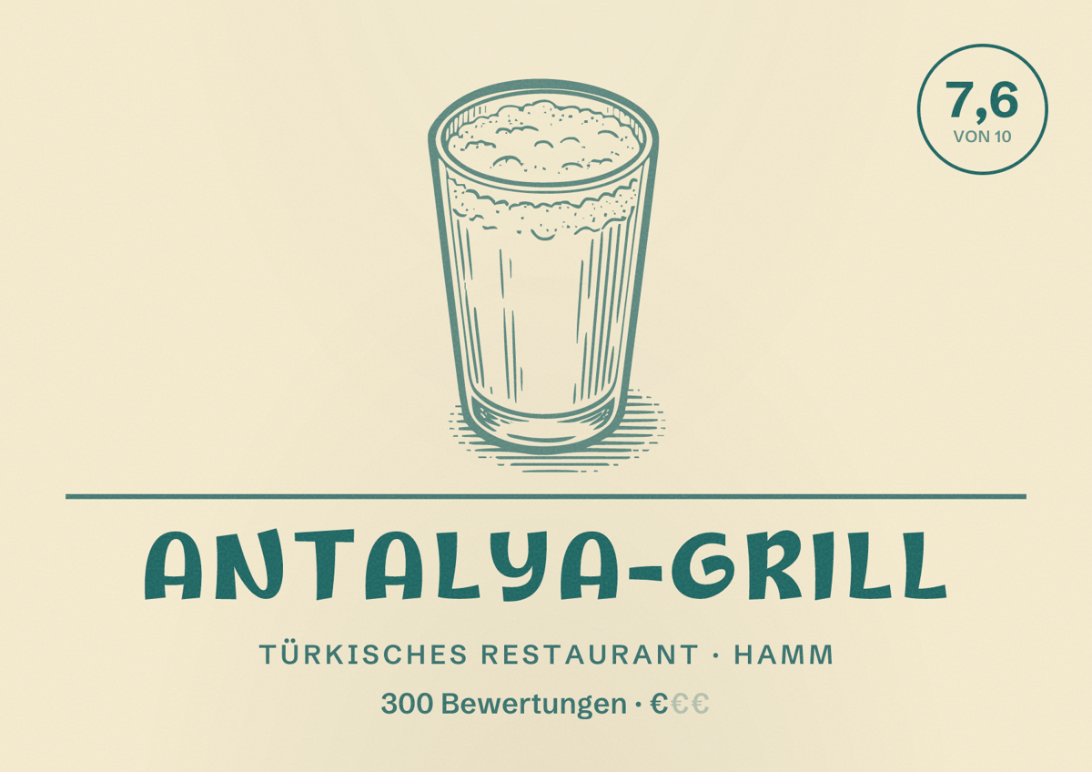 Illustriertes Poster von Antalya-Grill, Türkisches Restaurant in Hamm: Bewertung 7,6 von 10 aus 300 Bewertungen, Preisniveau €