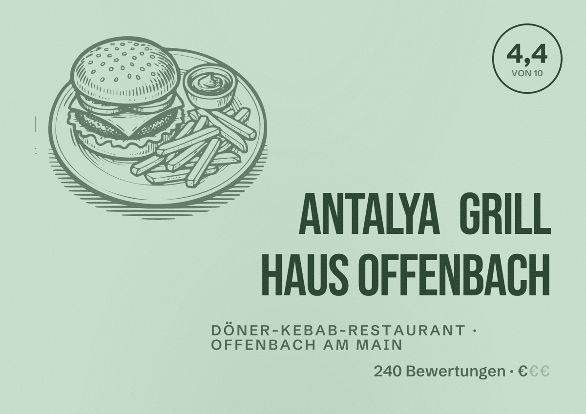 Illustriertes Poster von Antalya Grill Haus Offenbach, Döner-Kebab-Restaurant in Offenbach am Main: Bewertung 4,4 von 10 aus 240 Bewertungen, Preisniveau €