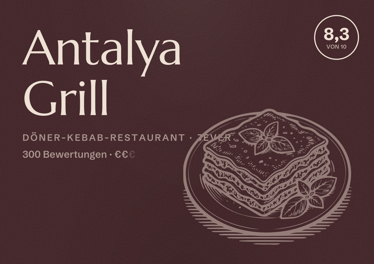 Illustriertes Poster von Antalya Grill, Döner-Kebab-Restaurant in Jever: Bewertung 8,3 von 10 aus 300 Bewertungen, Preisniveau €€