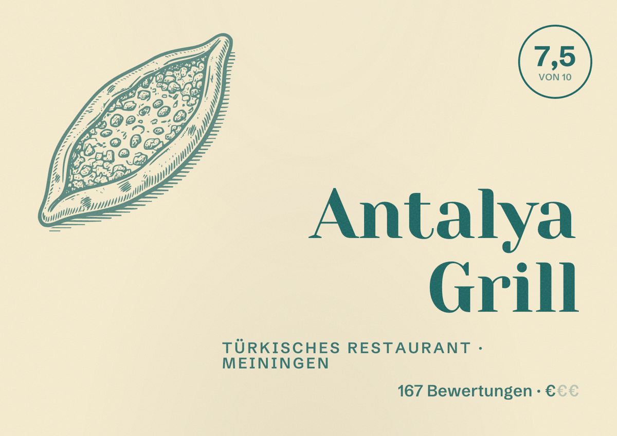 Illustriertes Poster von Antalya Grill, Türkisches Restaurant in Meiningen: Bewertung 7,5 von 10 aus 167 Bewertungen, Preisniveau €