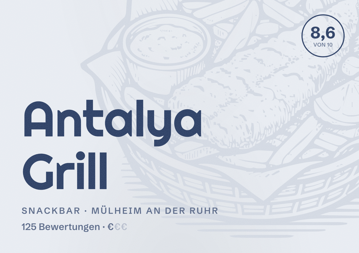 Illustriertes Poster von Antalya Grill, Snackbar in Mülheim an der Ruhr: Bewertung 8,6 von 10 aus 125 Bewertungen, Preisniveau €