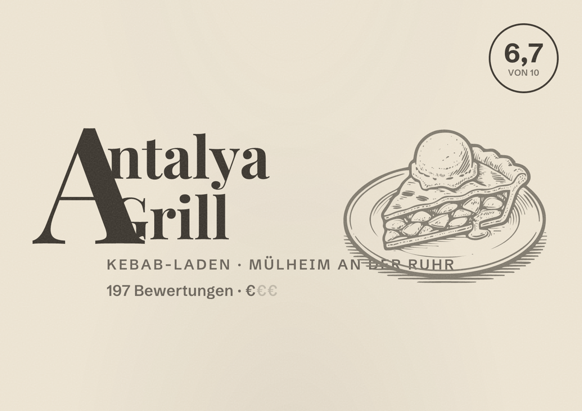 Illustriertes Poster von Antalya Grill, Kebab-Laden in Mülheim an der Ruhr: Bewertung 6,7 von 10 aus 197 Bewertungen, Preisniveau €