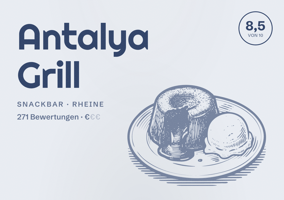Illustriertes Poster von Antalya Grill, Snackbar in Rheine: Bewertung 8,5 von 10 aus 271 Bewertungen, Preisniveau €