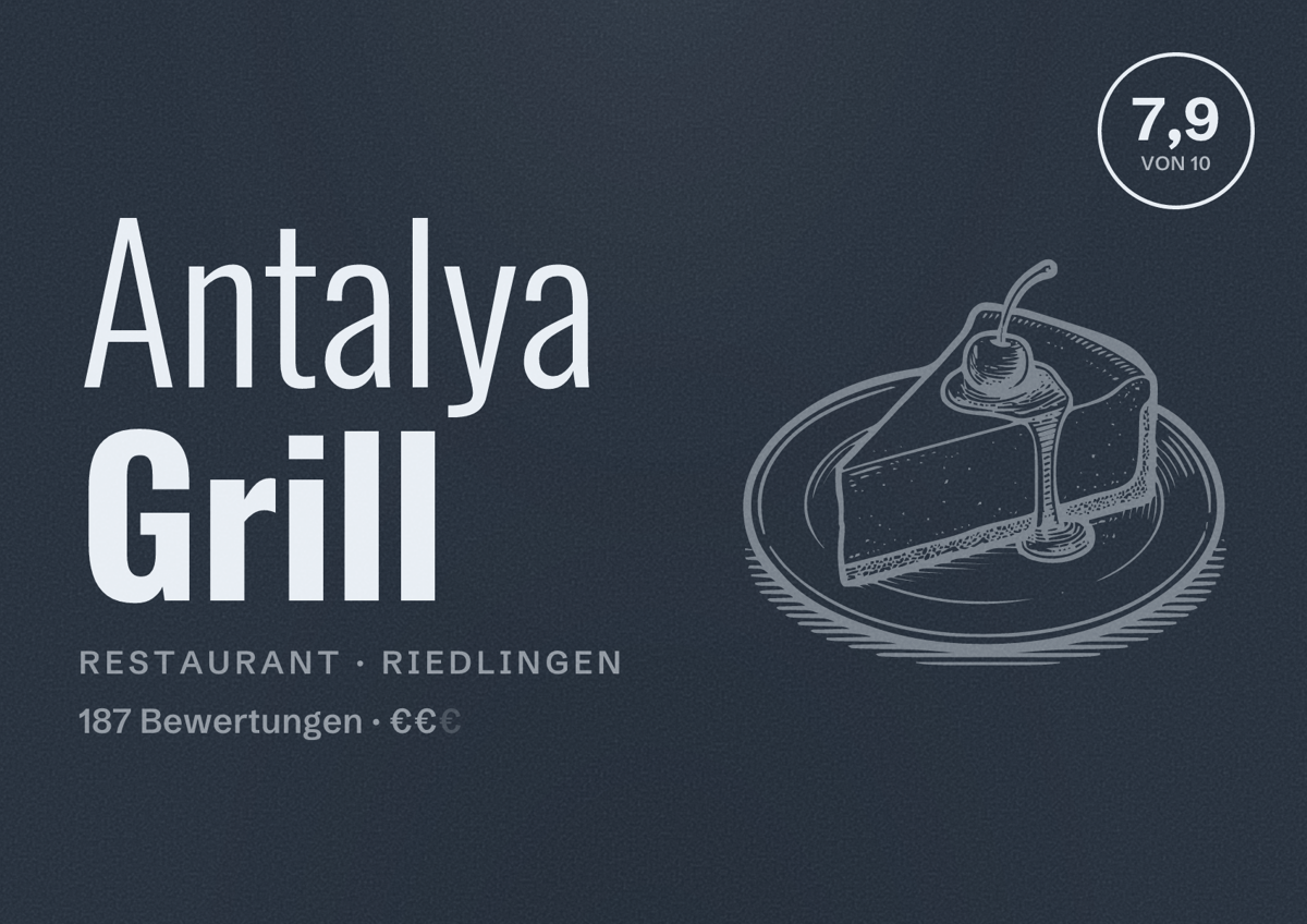 Illustriertes Poster von Antalya Grill, Restaurant in Riedlingen: Bewertung 7,9 von 10 aus 187 Bewertungen, Preisniveau €€