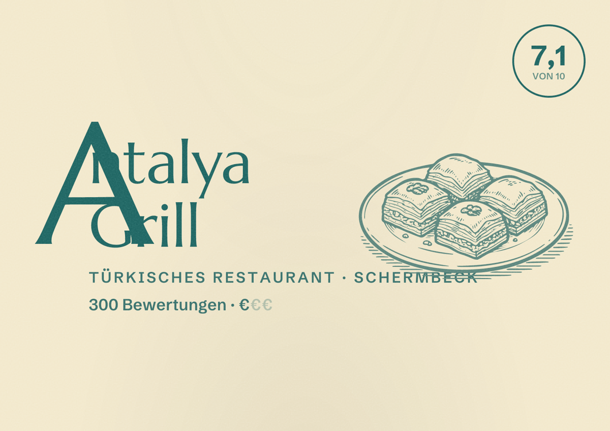 Illustriertes Poster von Antalya Grill, Türkisches Restaurant in Schermbeck: Bewertung 7,1 von 10 aus 300 Bewertungen, Preisniveau €