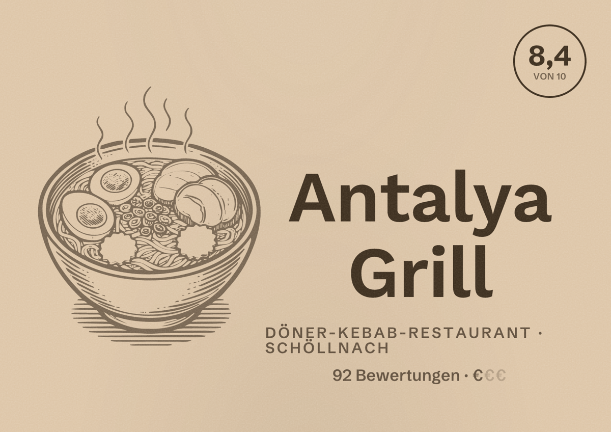 Illustriertes Poster von Antalya Grill, Döner-Kebab-Restaurant in Schöllnach: Bewertung 8,4 von 10 aus 92 Bewertungen, Preisniveau €