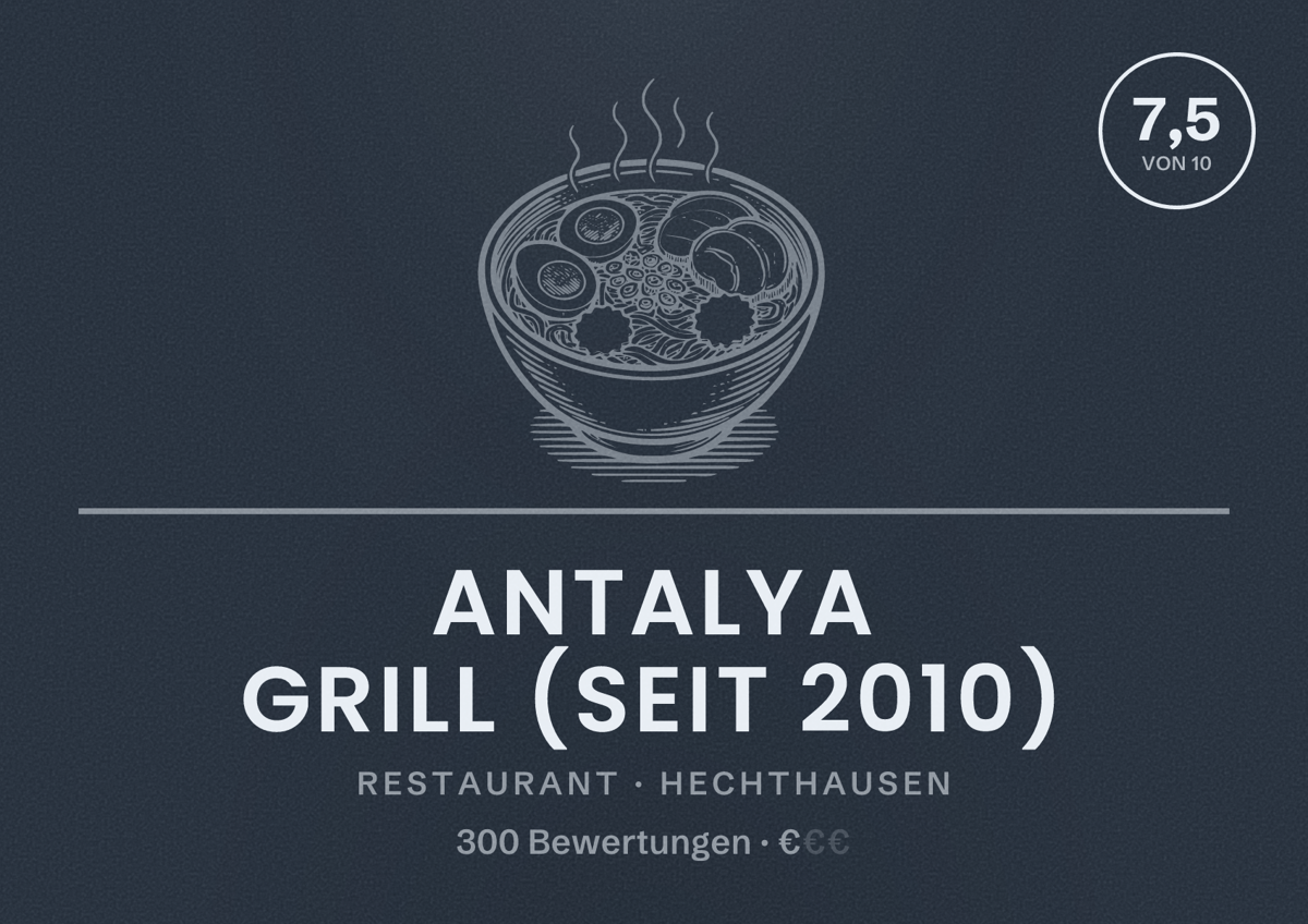 Illustriertes Poster von Antalya Grill (seit 2010), Restaurant in Hechthausen: Bewertung 7,5 von 10 aus 300 Bewertungen, Preisniveau €