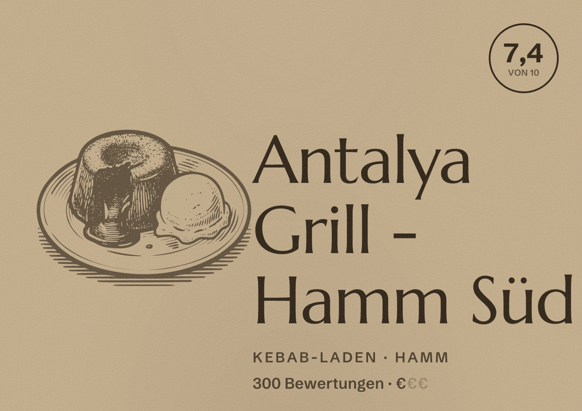 Illustriertes Poster von Antalya Grill - Hamm Süd, Kebab-Laden in Hamm: Bewertung 7,4 von 10 aus 300 Bewertungen, Preisniveau €