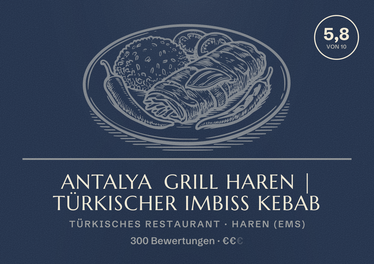 Illustriertes Poster von Antalya Grill Haren | Türkischer Imbiss kebab, Türkisches Restaurant in Haren (Ems): Bewertung 5,8 von 10 aus 300 Bewertungen, Preisniveau €€