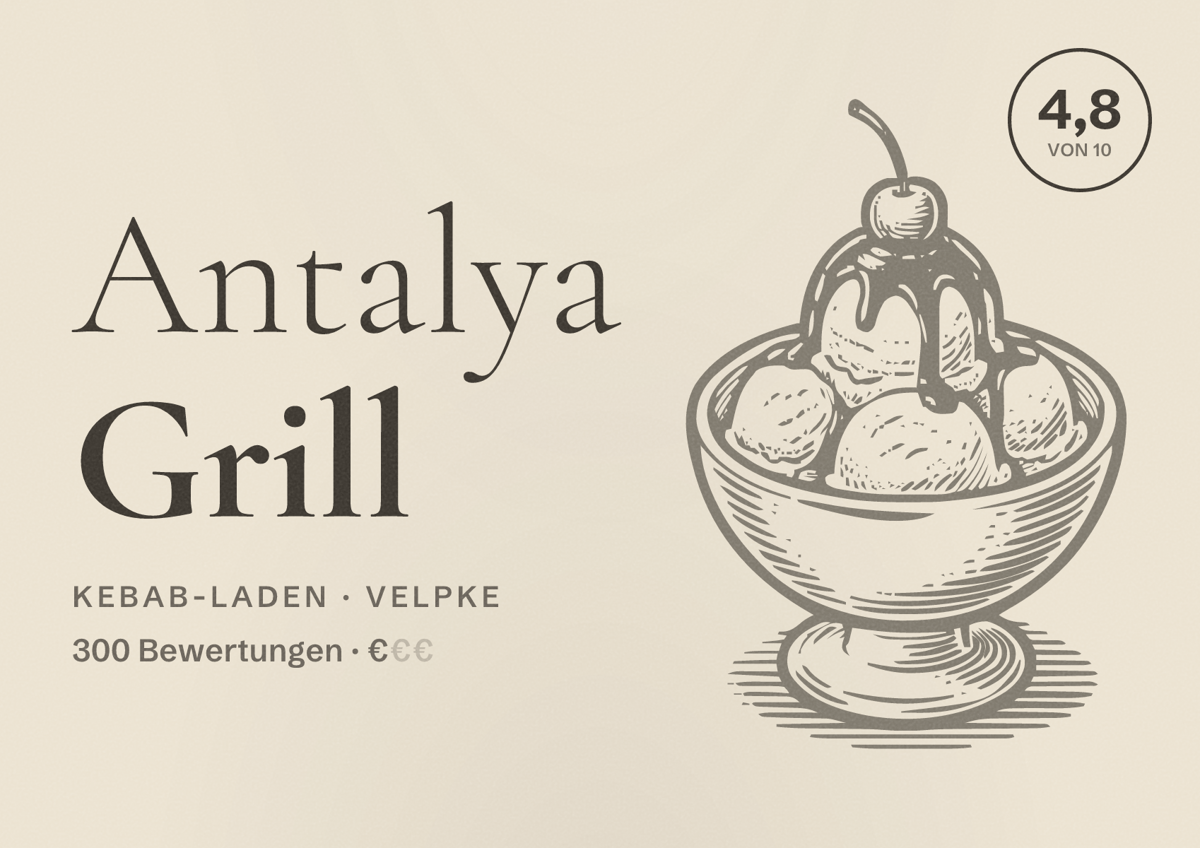 Illustriertes Poster von Antalya Grill, Kebab-Laden in Velpke: Bewertung 4,8 von 10 aus 300 Bewertungen, Preisniveau €
