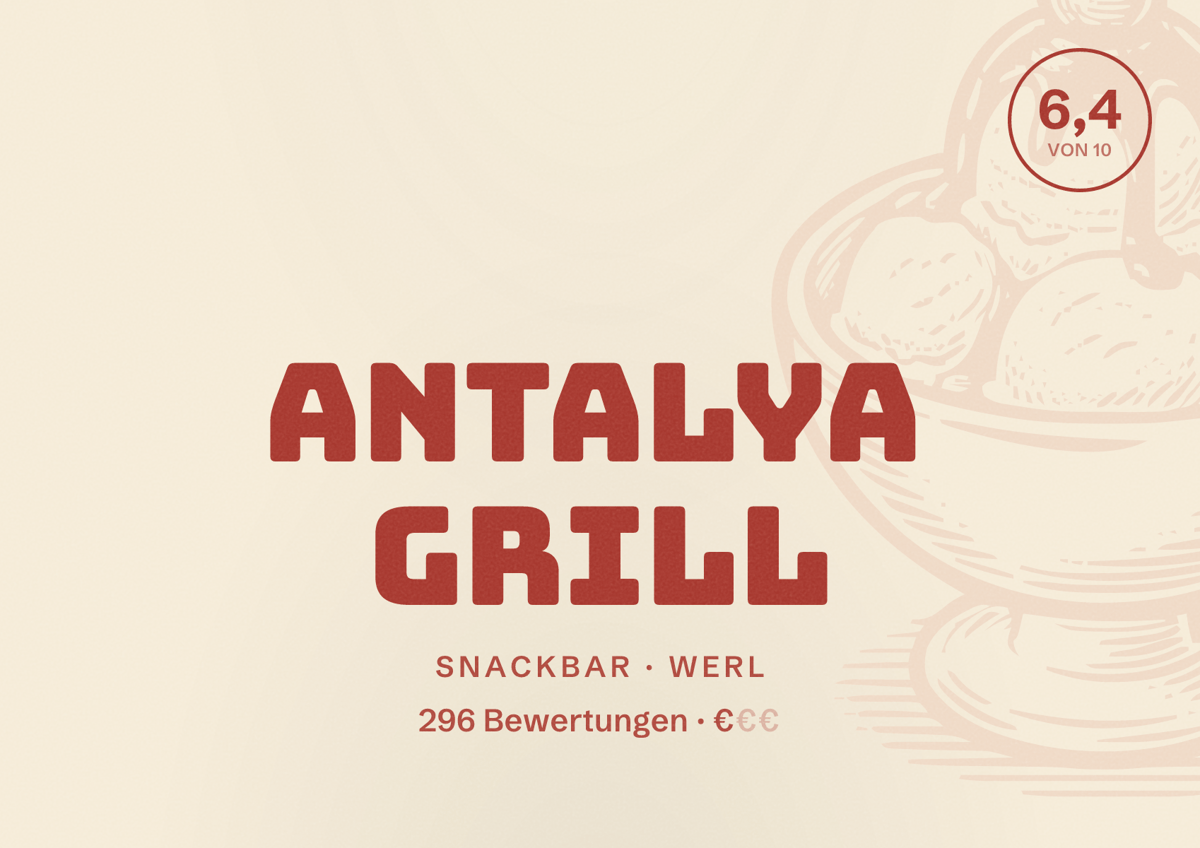 Illustriertes Poster von Antalya Grill, Snackbar in Werl: Bewertung 6,4 von 10 aus 296 Bewertungen, Preisniveau €