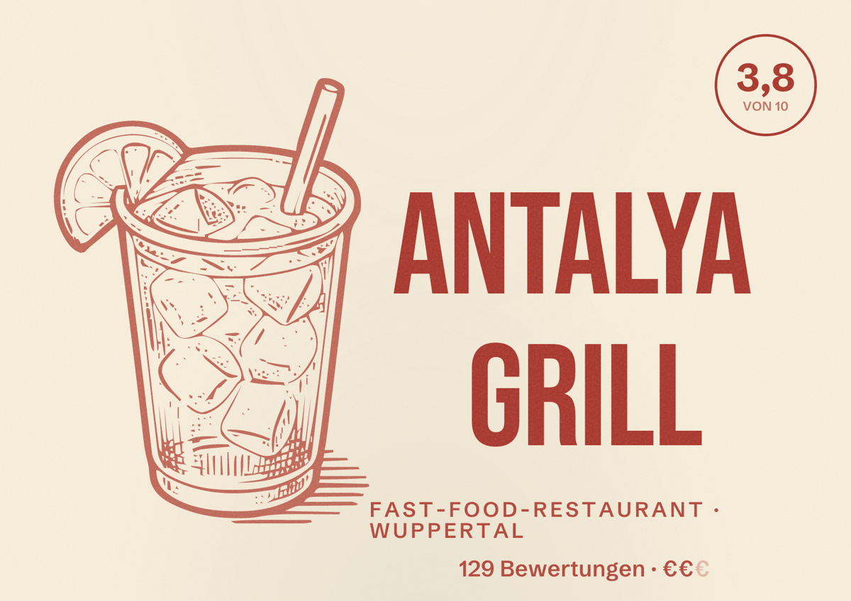 Illustriertes Poster von Antalya Grill, Fast-Food-Restaurant in Wuppertal: Gästebewertung 4,0 von 10 aus 129 Bewertungen