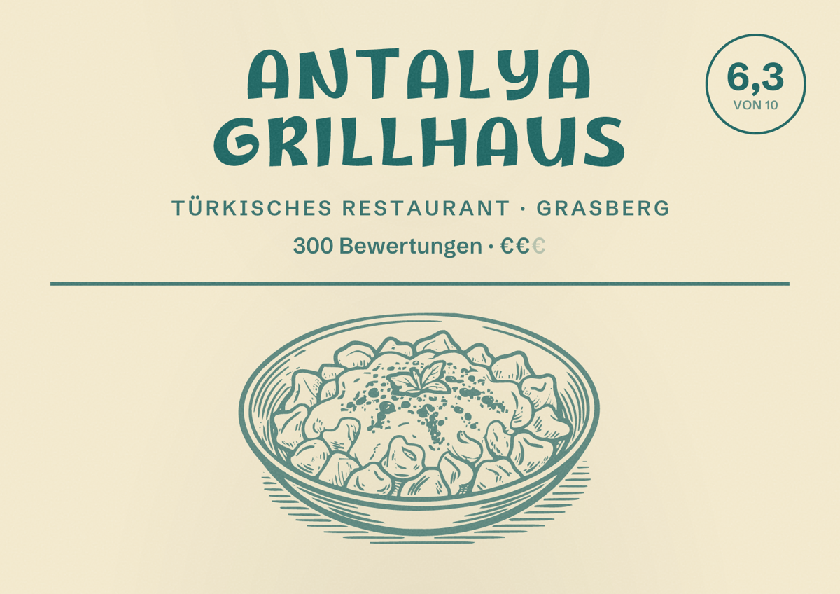 Illustriertes Poster von Antalya Grillhaus, Türkisches Restaurant in Grasberg: Bewertung 6,3 von 10 aus 300 Bewertungen, Preisniveau €€