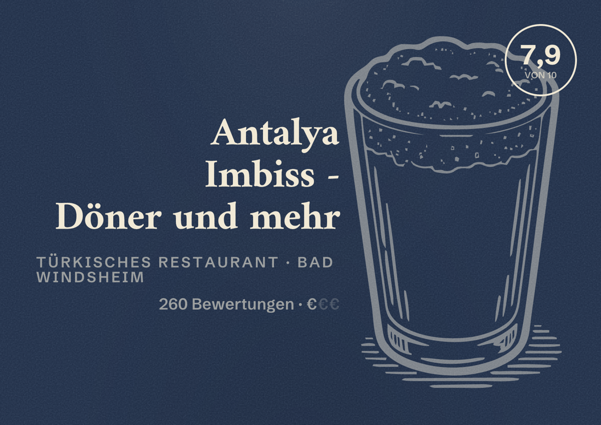 Illustriertes Poster von Antalya Imbiss - Döner und mehr, Türkisches Restaurant in Bad Windsheim: Bewertung 7,9 von 10 aus 260 Bewertungen, Preisniveau €