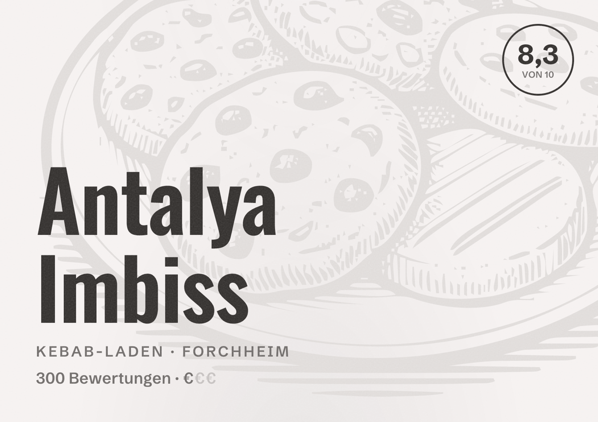 Illustriertes Poster von Antalya Imbiss, Kebab-Laden in Forchheim: Bewertung 8,3 von 10 aus 300 Bewertungen, Preisniveau €