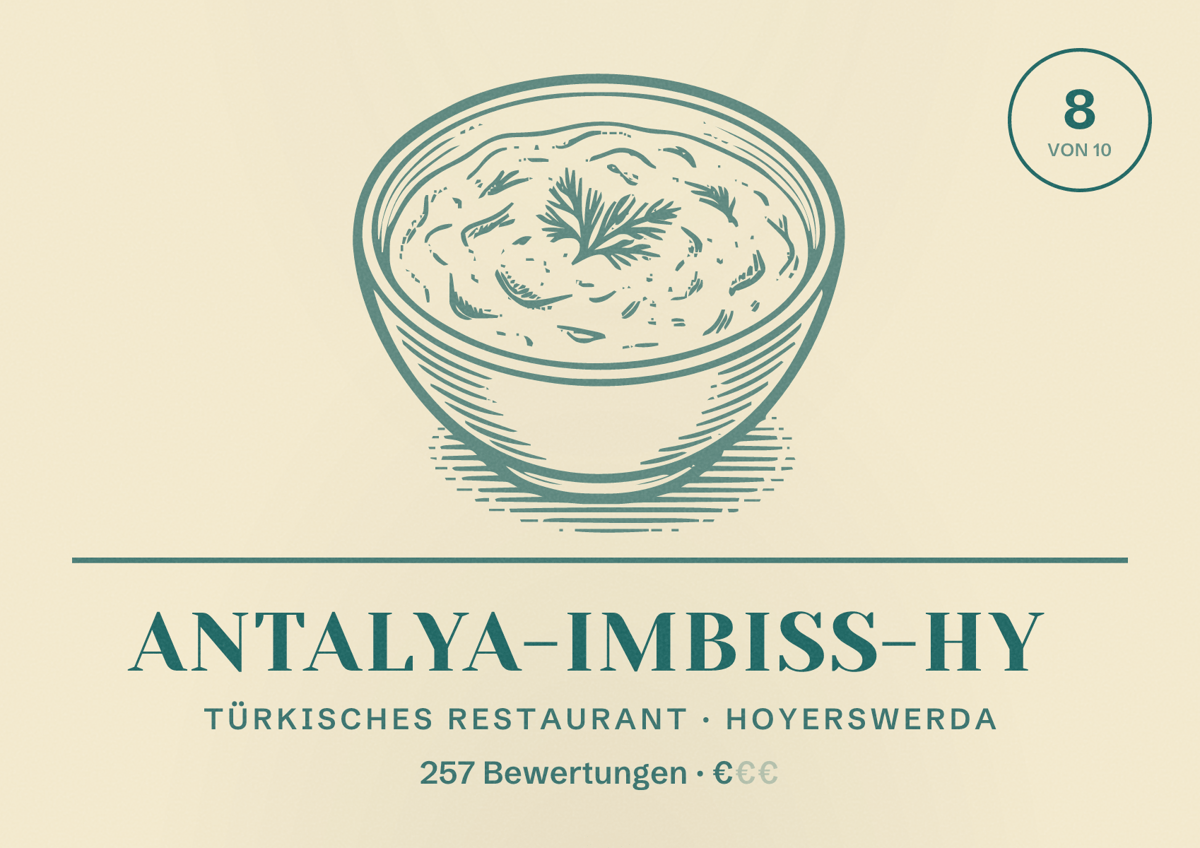 Illustriertes Poster von Antalya-Imbiss-HY, Türkisches Restaurant in Hoyerswerda: Bewertung 8 von 10 aus 257 Bewertungen, Preisniveau €
