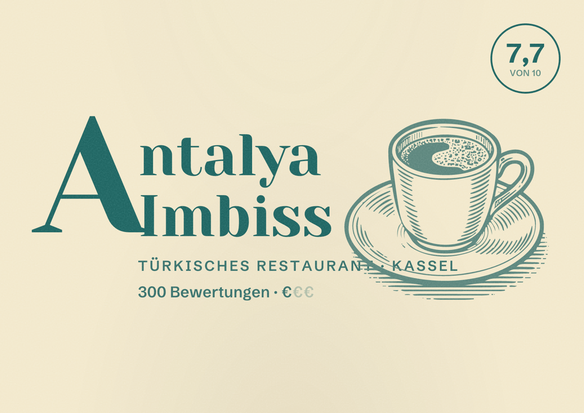 Illustriertes Poster von Antalya Imbiss, Türkisches Restaurant in Kassel: Bewertung 7,7 von 10 aus 300 Bewertungen, Preisniveau €