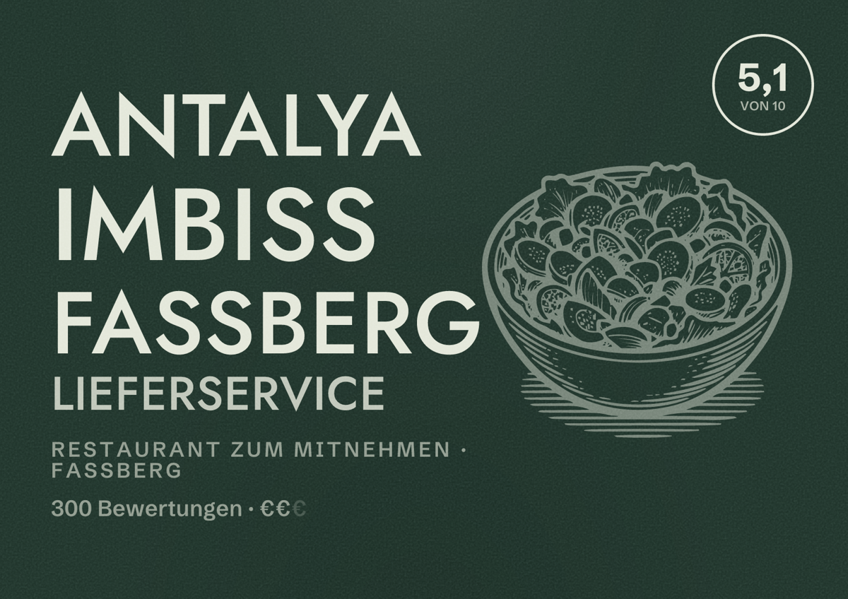 Illustriertes Poster von ANTALYA IMBISS FAßBERG Lieferservice, Restaurant zum Mitnehmen in Faßberg: Bewertung 5,1 von 10 aus 300 Bewertungen, Preisniveau €€