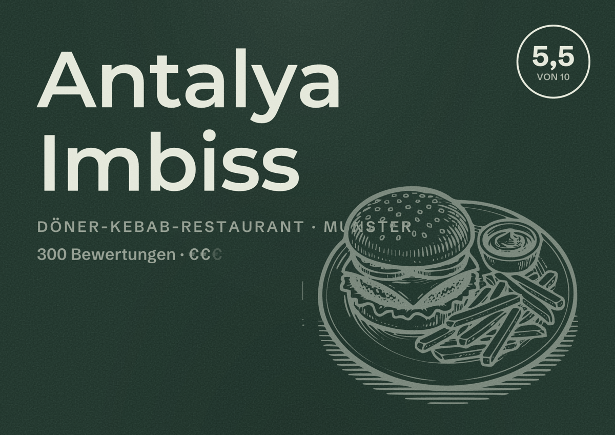 Illustriertes Poster von Antalya Imbiss, Döner-Kebab-Restaurant in Munster: Bewertung 5,5 von 10 aus 300 Bewertungen, Preisniveau €€