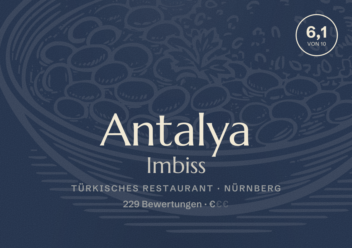 Illustriertes Poster von Antalya Imbiss, Türkisches Restaurant in Nürnberg: Bewertung 6,1 von 10 aus 229 Bewertungen, Preisniveau €