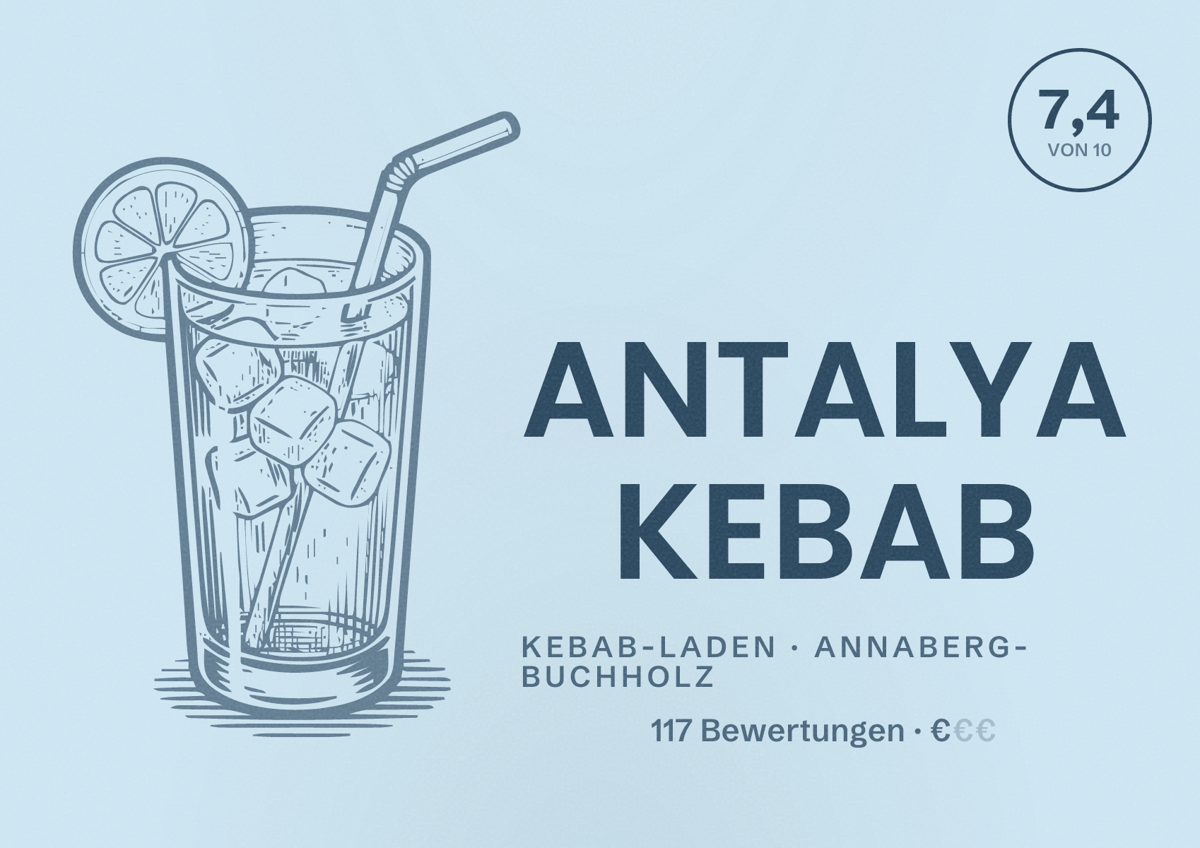 Illustriertes Poster von ANTALYA KEBAB, Kebab-Laden in Annaberg-Buchholz: Bewertung 7,4 von 10 aus 117 Bewertungen, Preisniveau €