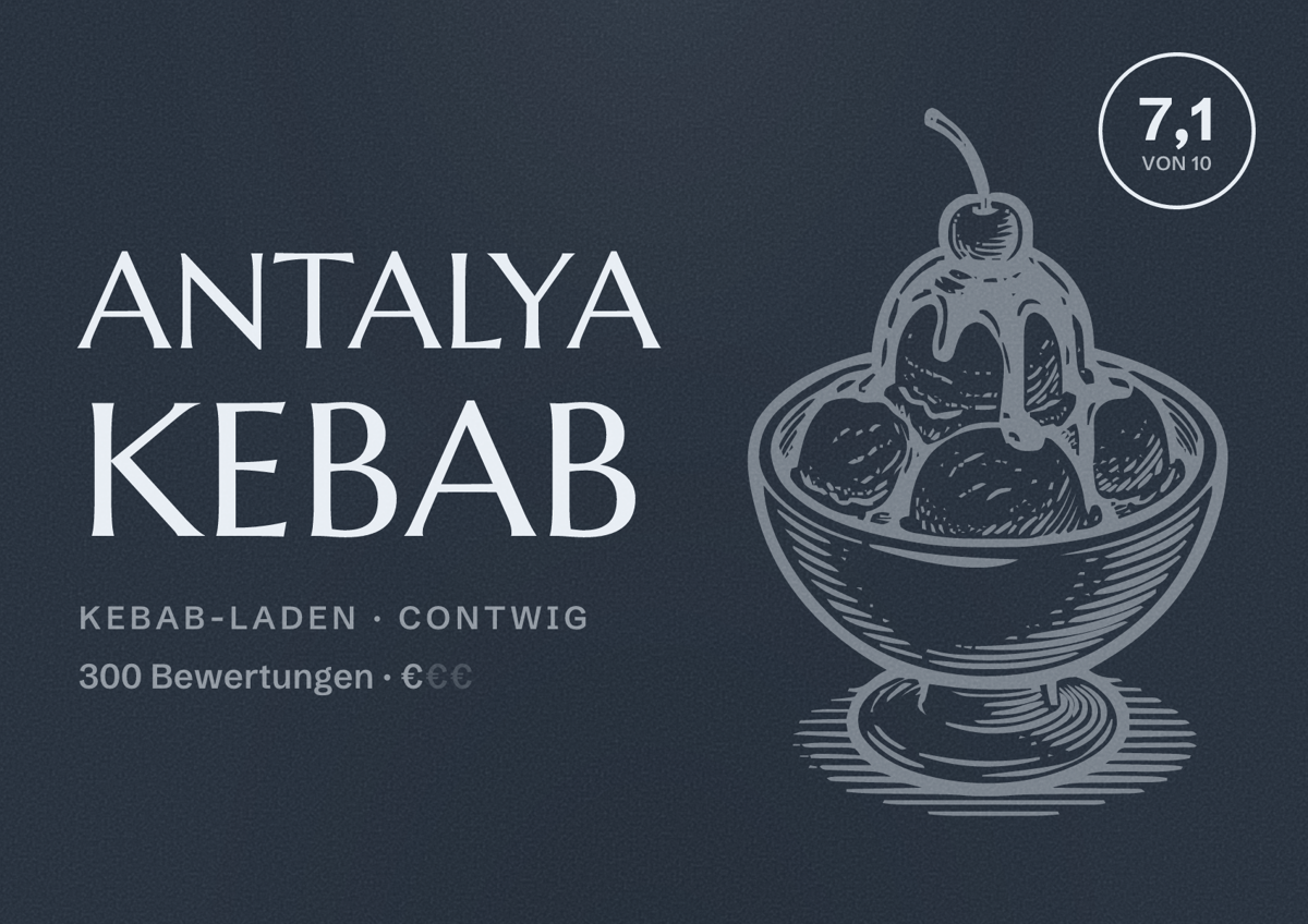 Illustriertes Poster von Antalya Kebab, Kebab-Laden in Contwig: Bewertung 7,1 von 10 aus 300 Bewertungen, Preisniveau €