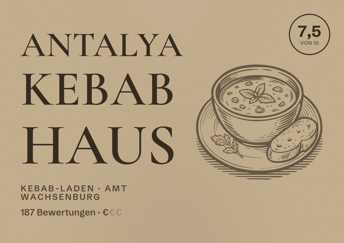 Illustriertes Poster von Antalya Kebab Haus, Kebab-Laden in Amt Wachsenburg: Bewertung 7,5 von 10 aus 187 Bewertungen, Preisniveau €