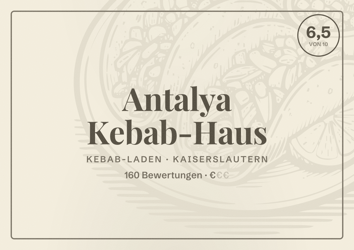 Illustriertes Poster von Antalya Kebab-Haus, Kebab-Laden in Kaiserslautern: Bewertung 6,5 von 10 aus 160 Bewertungen, Preisniveau €