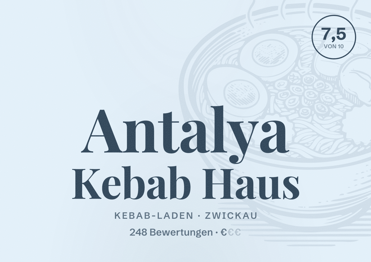 Illustriertes Poster von Antalya Kebab Haus, Kebab-Laden in Zwickau: Bewertung 7,5 von 10 aus 248 Bewertungen, Preisniveau €