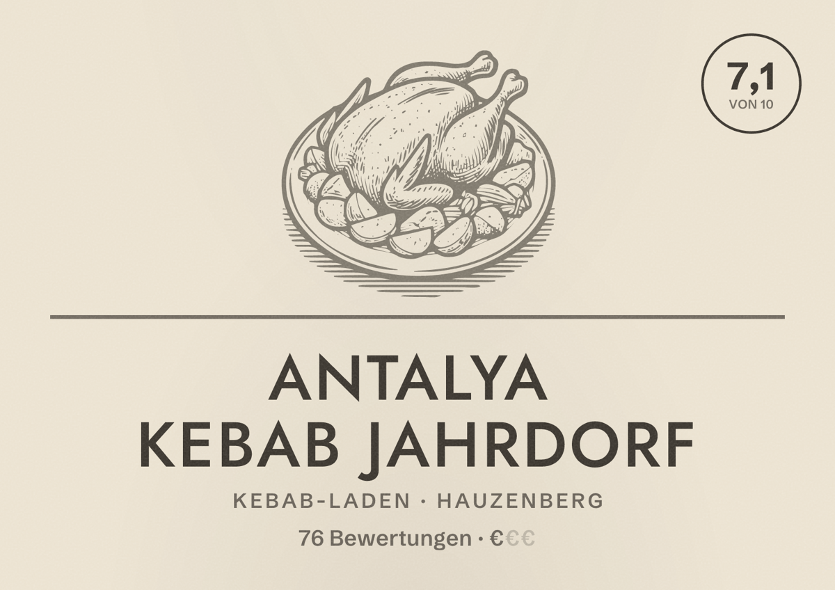 Illustriertes Poster von Antalya Kebab Jahrdorf, Kebab-Laden in Hauzenberg: Bewertung 7,1 von 10 aus 76 Bewertungen, Preisniveau €