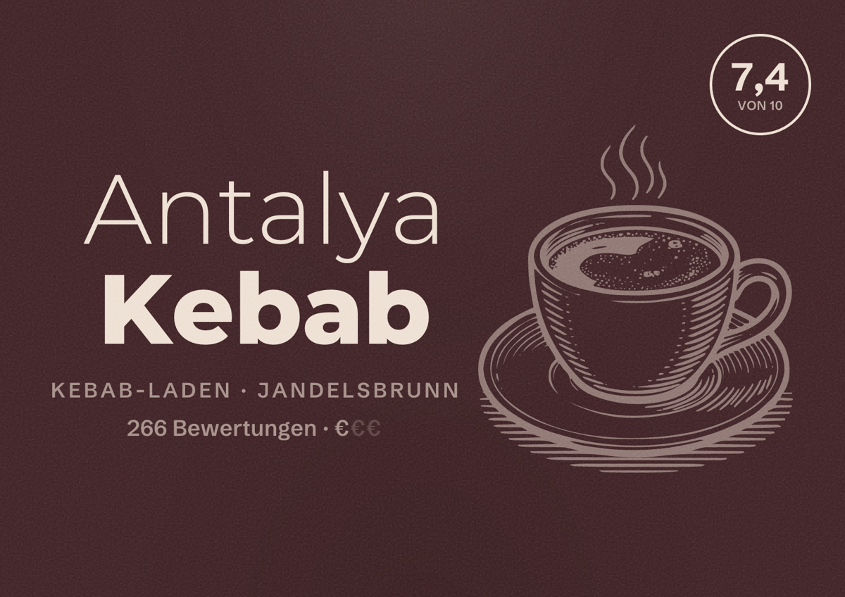 Illustriertes Poster von Antalya Kebab, Kebab-Laden in Jandelsbrunn: Bewertung 7,4 von 10 aus 266 Bewertungen, Preisniveau €