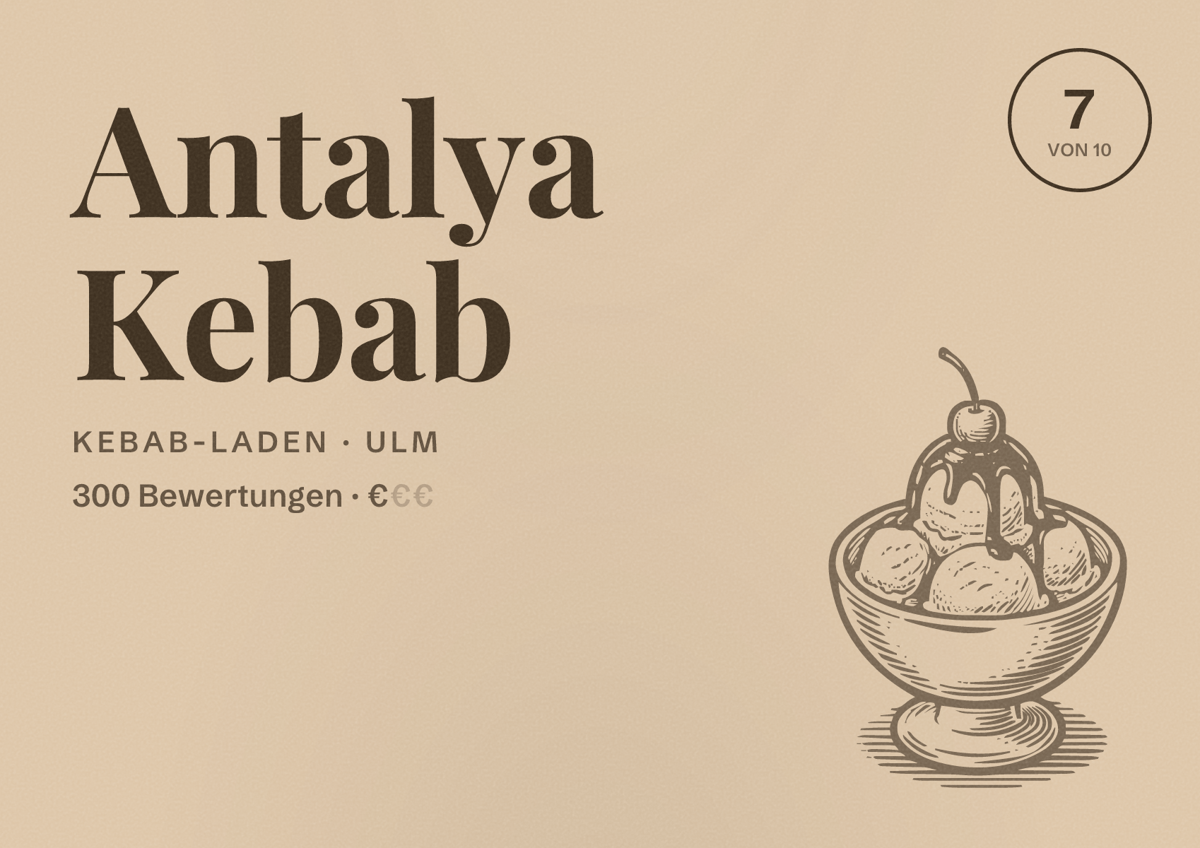 Illustriertes Poster von Antalya Kebab, Kebab-Laden in Ulm: Bewertung 7 von 10 aus 300 Bewertungen, Preisniveau €