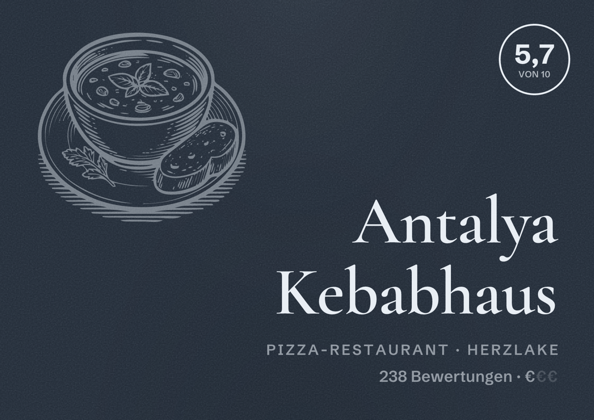 Illustriertes Poster von Antalya Kebabhaus, Pizza-Restaurant in Herzlake: Bewertung 5,7 von 10 aus 238 Bewertungen, Preisniveau €