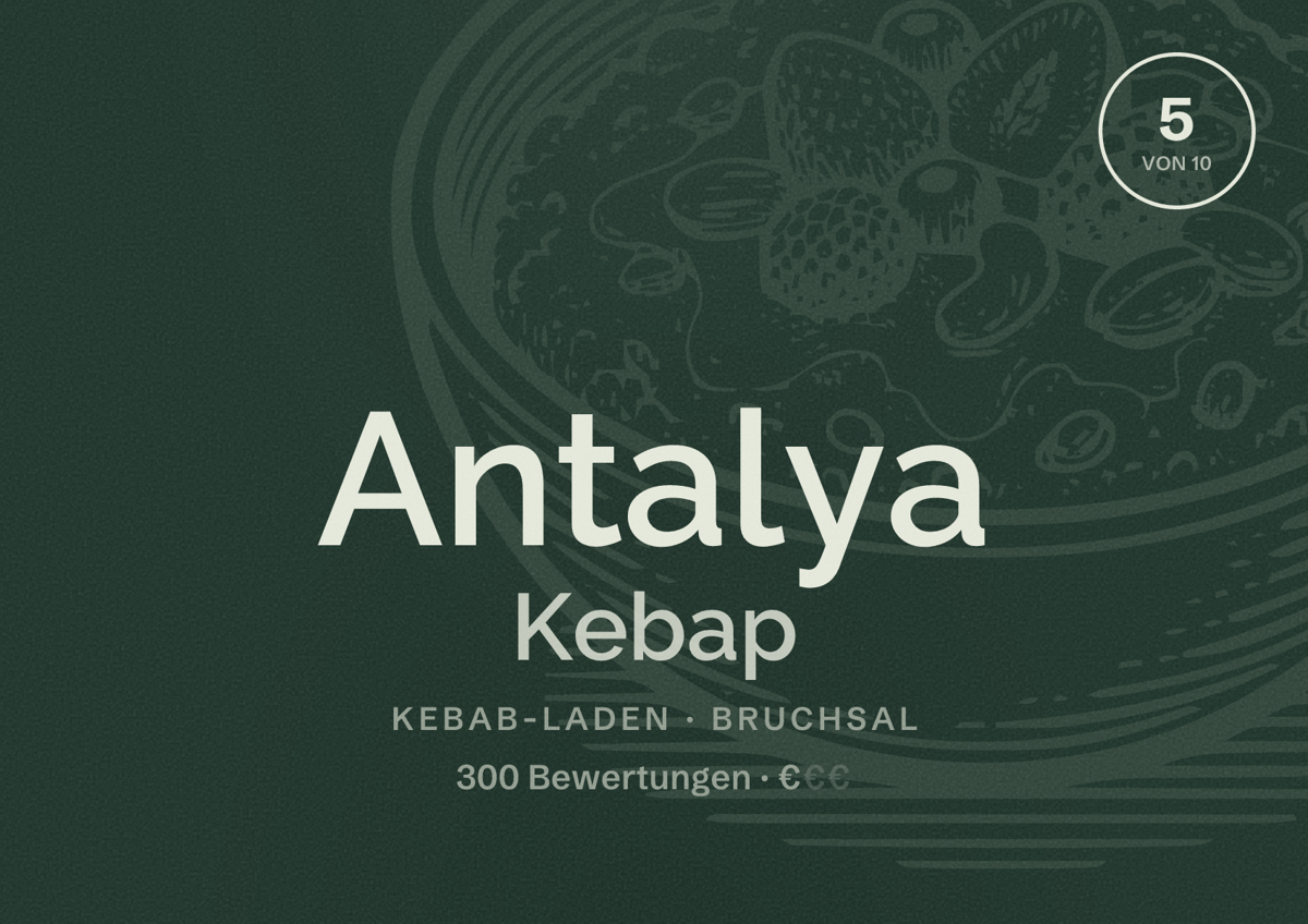 Illustriertes Poster von Antalya Kebap, Kebab-Laden in Bruchsal: Bewertung 5 von 10 aus 300 Bewertungen, Preisniveau €
